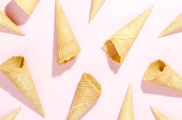 Empty waffle cones scattered on table