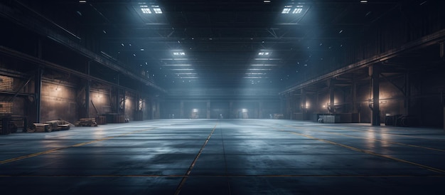 Free photo empty warehouse transformed by striking lighting