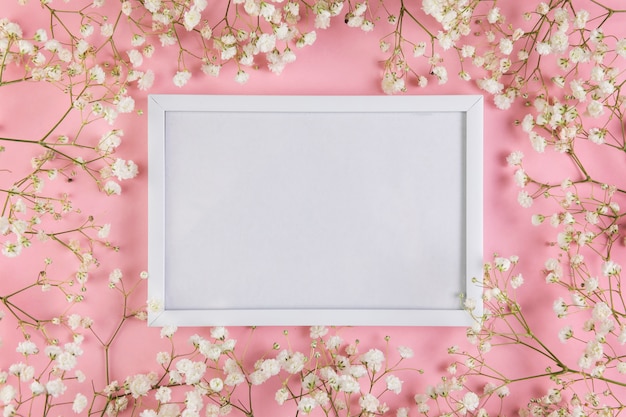 An empty white blank frame surrounded with white baby's breath flowers against pink background