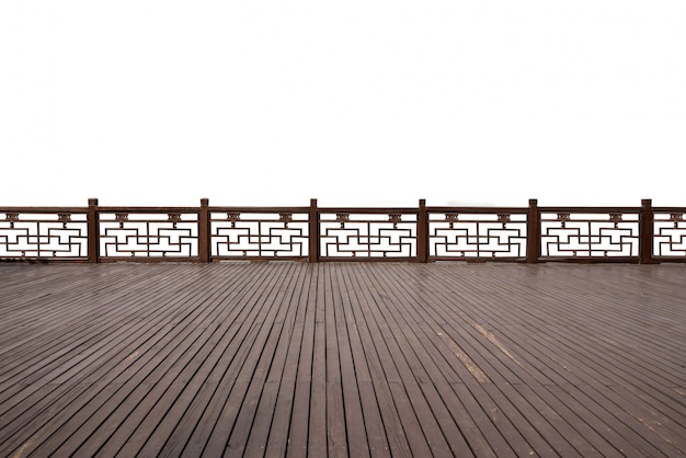 Empty wood flooring with ancient architecture on the lake side