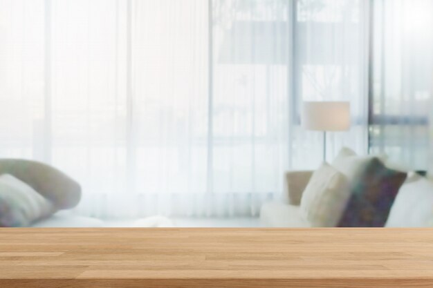 Premium Photo Empty Wood Table Top And Blurred Home Interior With Curtain Window Background Can Used For Display Or Montage Your Products