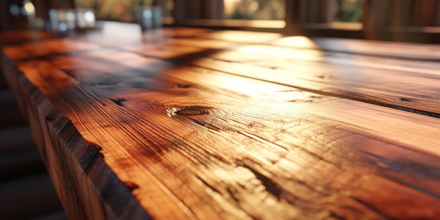 Il bancone di legno vuoto offre un palcoscenico incontaminato per la creazione culinaria bagnata dalla luce naturale