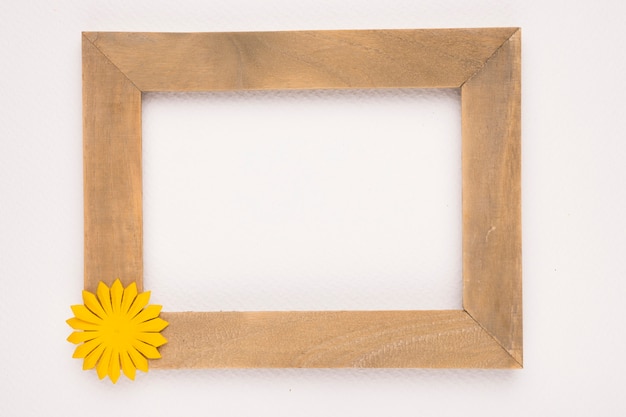 Empty wooden frame with yellow flower against white backdrop