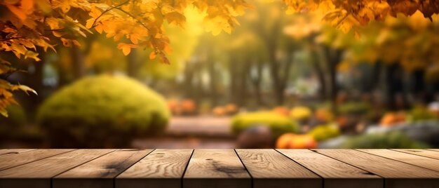 Empty Wooden table in autumn blurred background