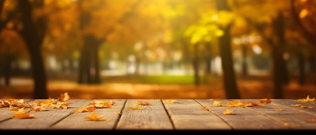 Free photo empty wooden table in autumn blurred garden