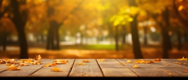 Empty Wooden table in autumn blurred garden