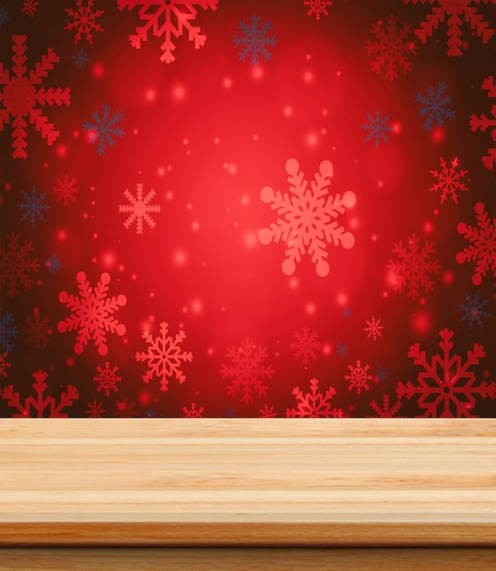 Empty wooden table for product placement with christmas wallpaper background