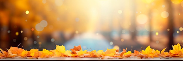 Free photo empty wooden table with blurred autumn background copy space