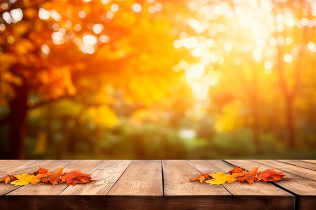 ぼやけた秋の背景を持つ空の木製テーブル コピー スペース