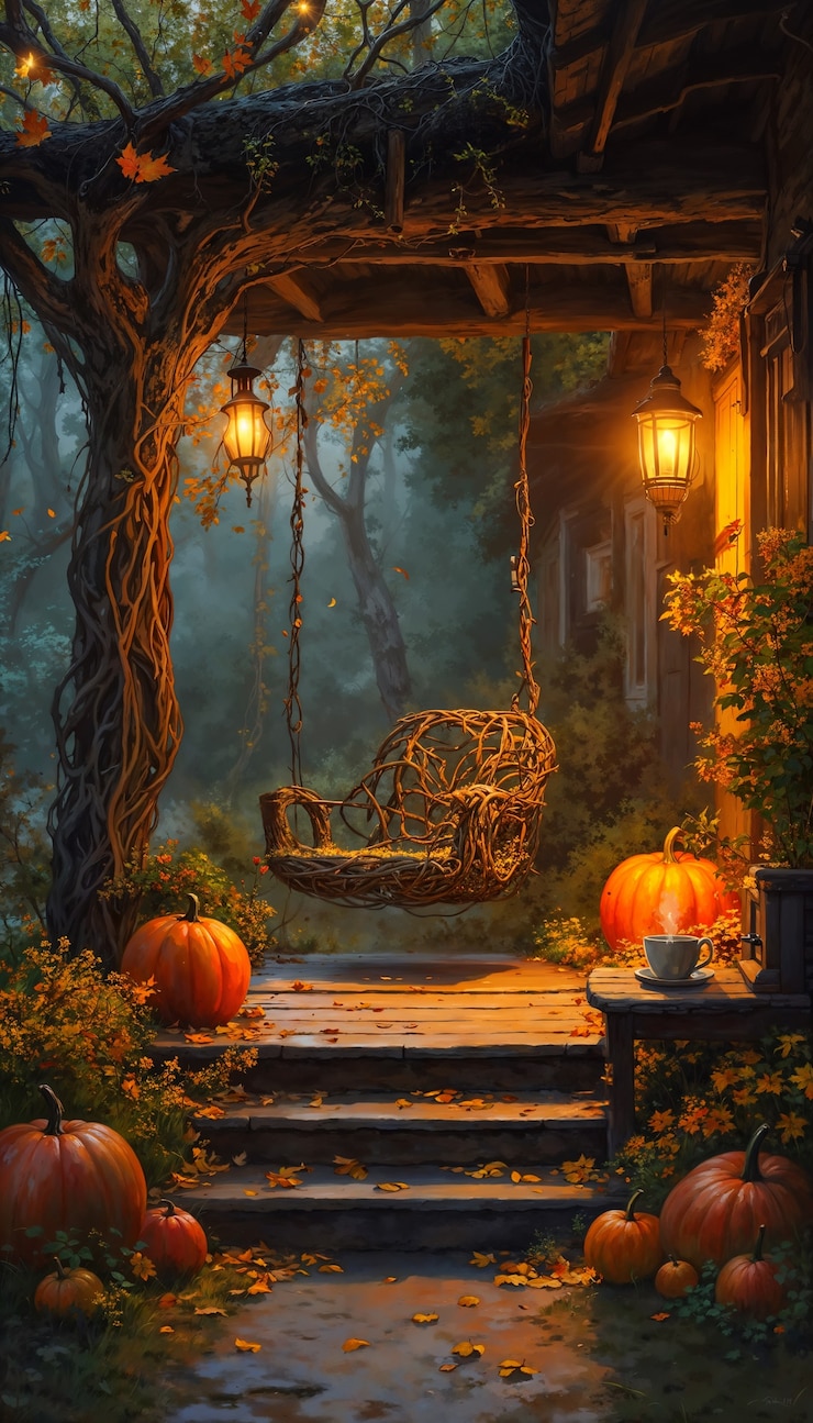 Free Photo enchanted autumn home in forest