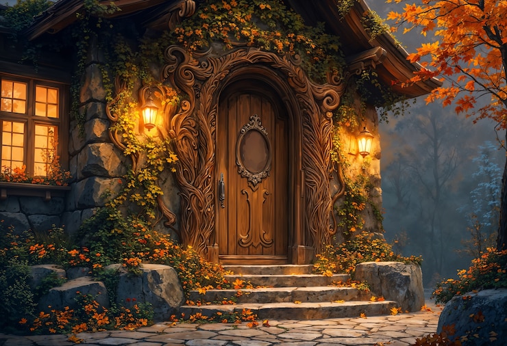 Free Photo enchanted autumn home in forest