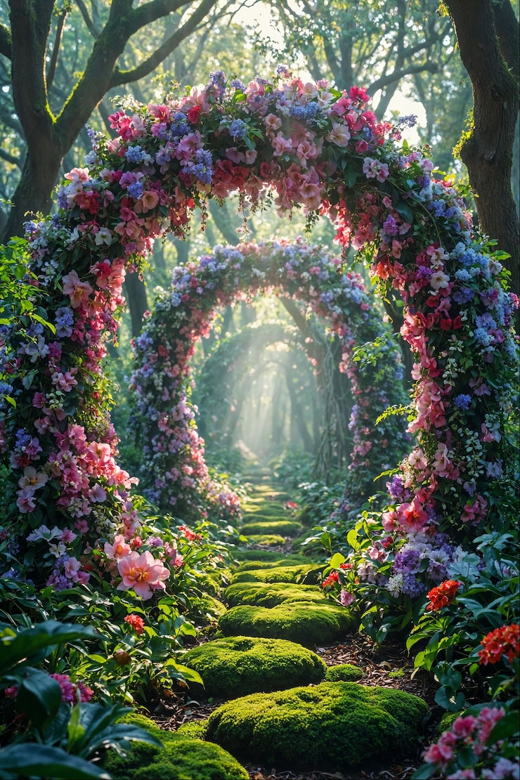Free Photo enchanted flower archway fantasy landscape