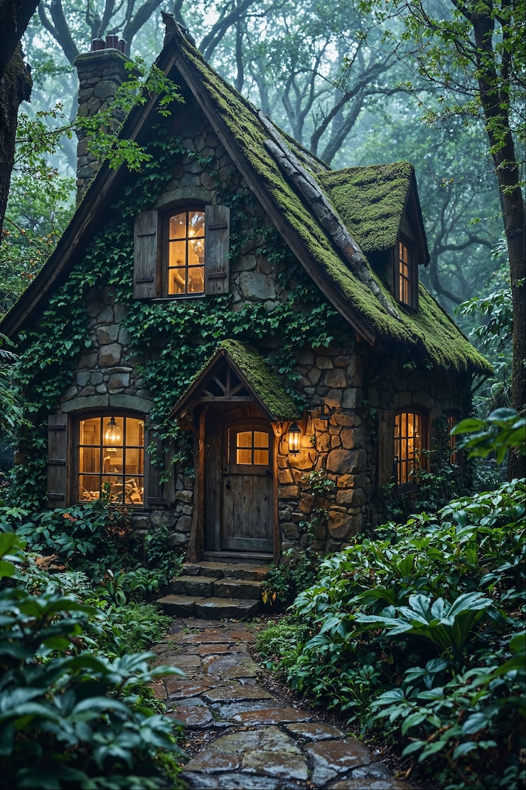 Free Photo enchanted forest cottage fantasy landscape