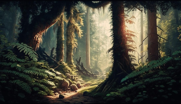 Бесплатное фото Очаровательный лесной пейзаж с листьями папоротника и загадочным генеративным искусственным интеллектом