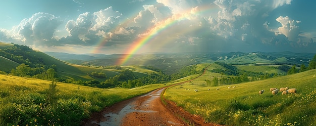 Free photo end of road with beautiful rainbow after rainy weather