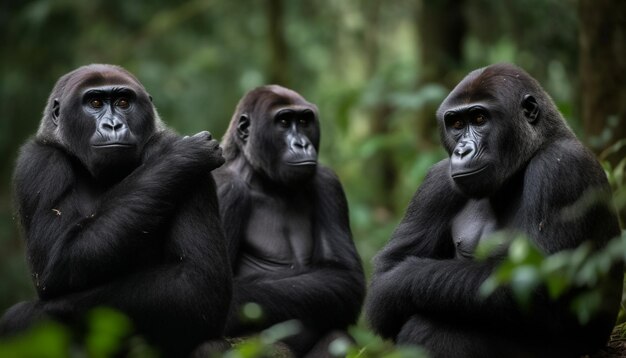 アフリカの熱帯雨林に座ってAIが生成したカメラを見つめる絶滅危惧種の霊長類