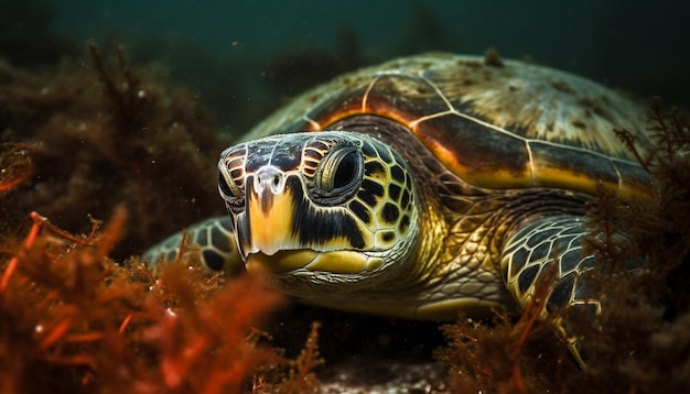 Бесплатное фото Исчезающая морская черепаха плавает на тропическом рифе, созданном искусственным интеллектом
