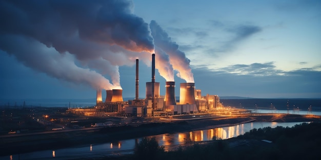 Бесплатное фото Энергетическая электростанция в сумерках промышленный силуэт