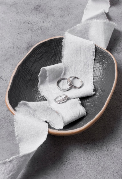 Engagement rings in bowl arrangement