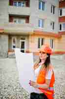 Foto gratuita la donna del costruttore dell'ingegnere in gilet uniforme e casco protettivo arancione tiene la carta aziendale contro il nuovo edificio tema del blocco vivente della proprietà