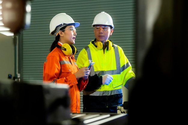 Free photo engineer cooperation two asian maintenance engineers men and women inspect relay protection system with tablet device to control quality control process work a heavy industry manufacturing factory