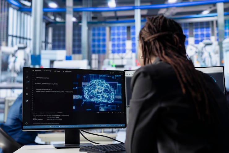 Free Photo engineer developing ai algorithms on pc in solar panel plant training models