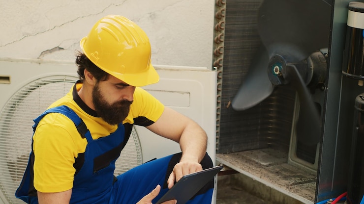 Free Photo engineer looks online for new blower fan
