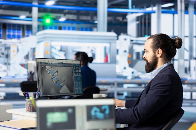 Engineer in photovoltaics factory calibrating robotic arms on PC