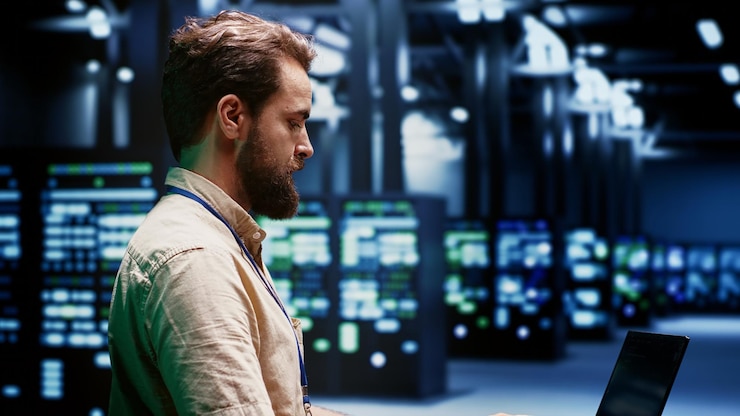 Free Photo engineer servicing server clusters