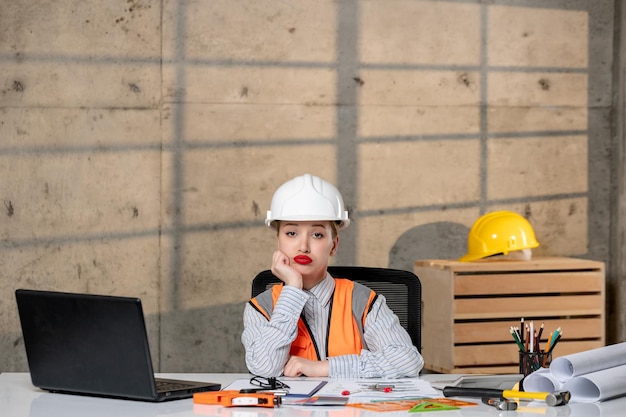 Engineer smart young cute blonde girl civil worker in helmet and vest thinking