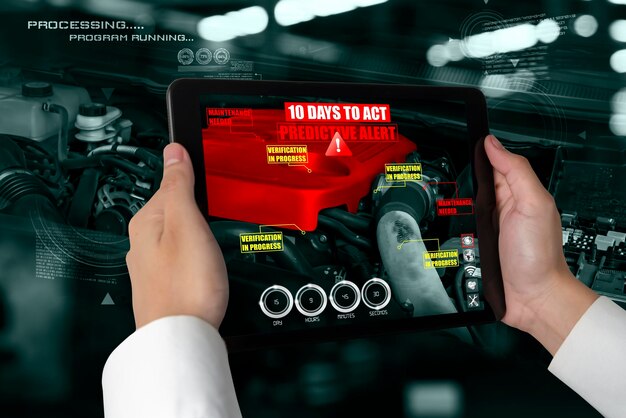 Engineer use augmented reality software to monitor parts of car vehicle