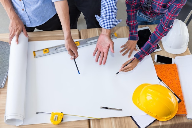 Engineer workspace desk background top view with copy space