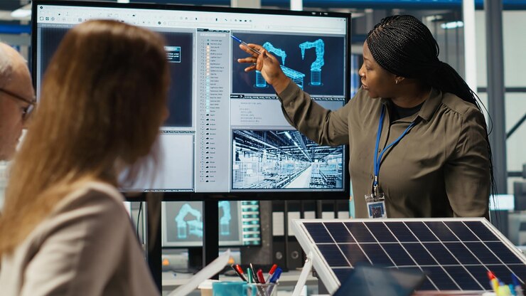 Free Photo engineering team in photovoltaics plant improving solar cells efficiency