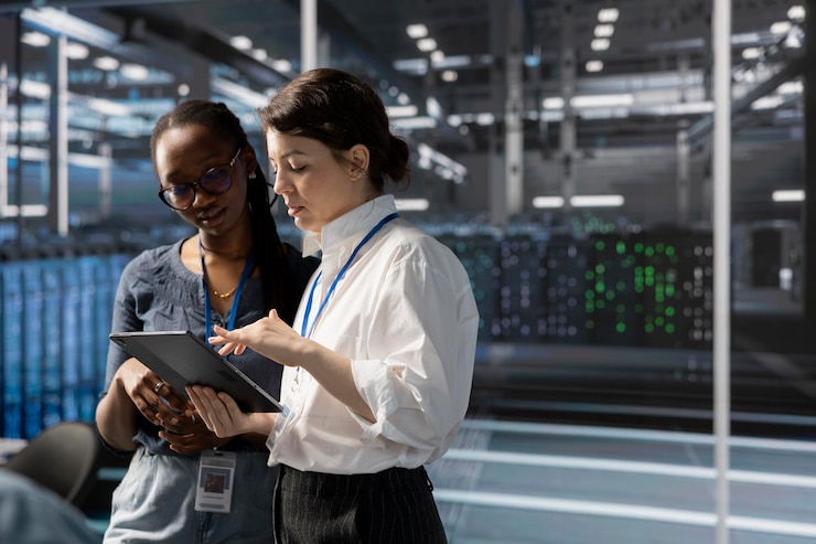 Free Photo engineers in data center using device verifying firewall configurations
