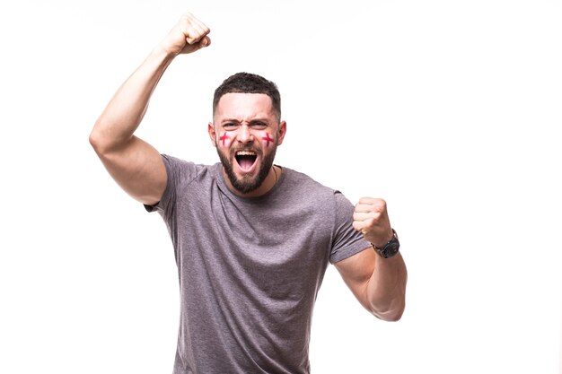 Free photo england win. victory, happy and goal scream emotions of england football fan in game support of england national team on white background. football fans concept.