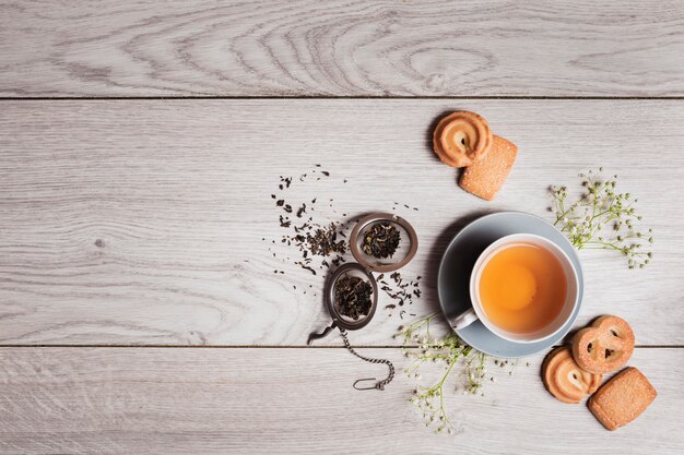 English tea on wooden background