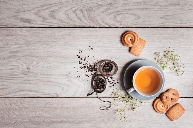 English tea on wooden background