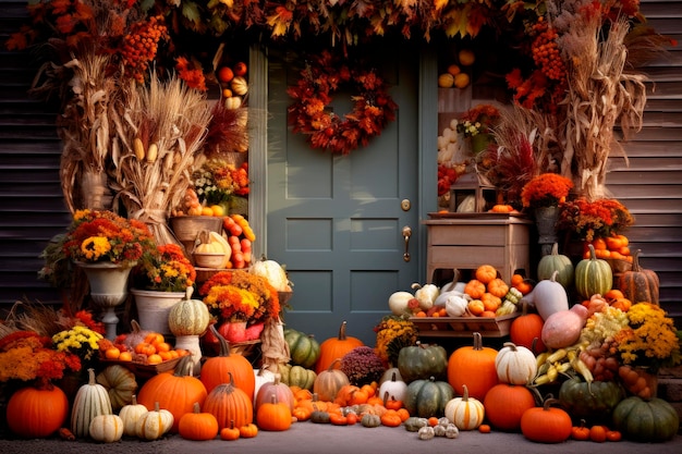 Free photo entrance of a house decorated with pumpkins for thanksgiving