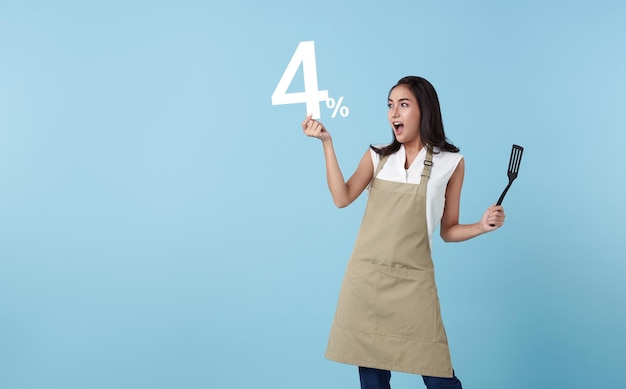 Entrepreneur asian professional woman chief showing and holding 4 number or four percent