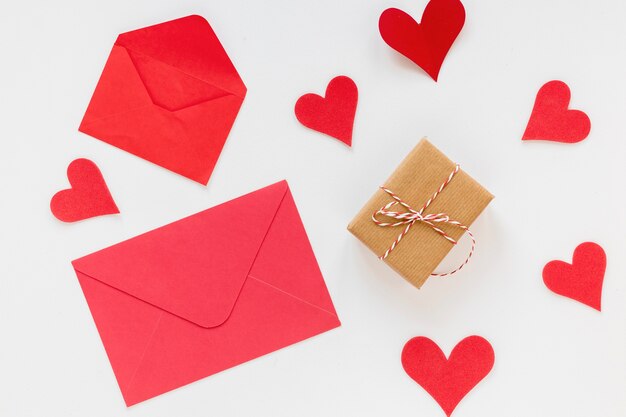 Envelope for valentines day with hearts and gift