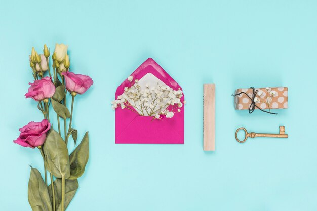 Envelope with flower branches and pink roses