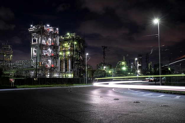 Environmental pollution and factory exterior at night