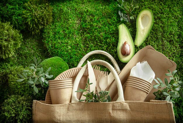 Environmentally friendly, disposable, recyclable tableware. Paper food boxes, plates and Cutlery of cornstarch on a green grass background .