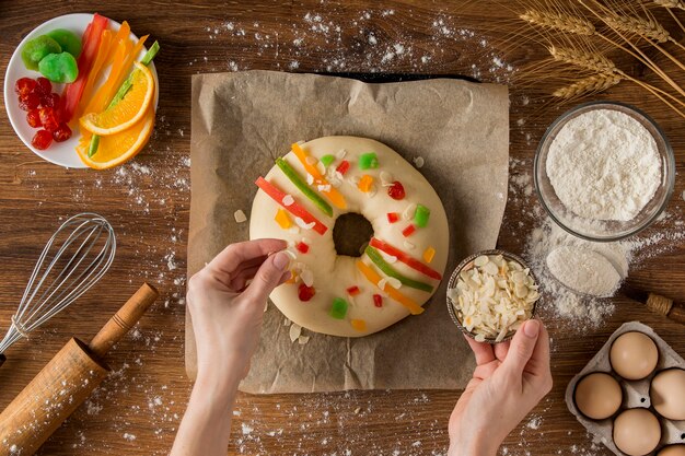 Epiphany cake roscon de reyes and ingredients