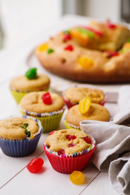 Epiphany day desserts on the table with cloth