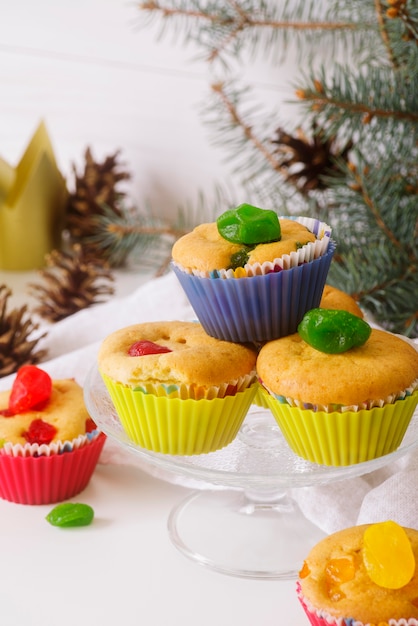 Epiphany day desserts on the table with crown