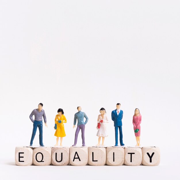 Equality written in wooden cubes and people above
