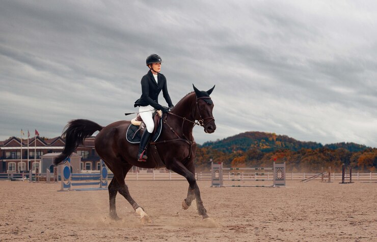 Free Photo equestrian sport young girl rides on horse on championship