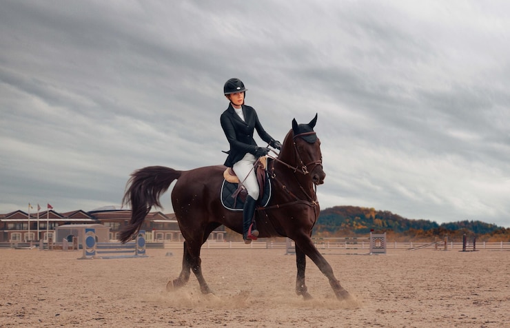 Free Photo equestrian sport young girl rides on horse on championship