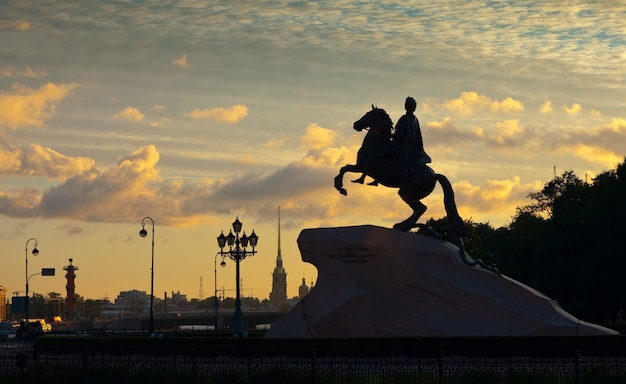 Free photo equestrian statue of peter the great in dawn